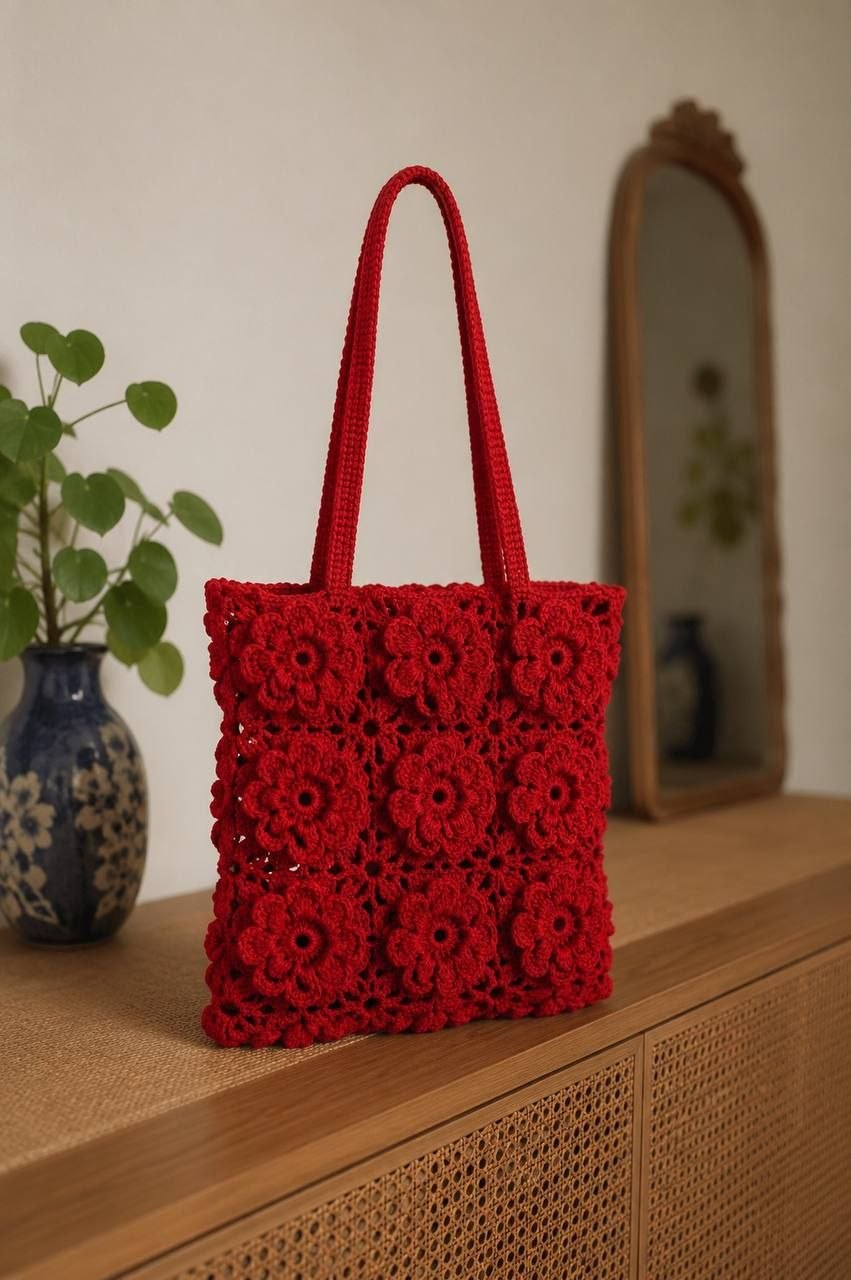 Handmade red crochet flower tote bag